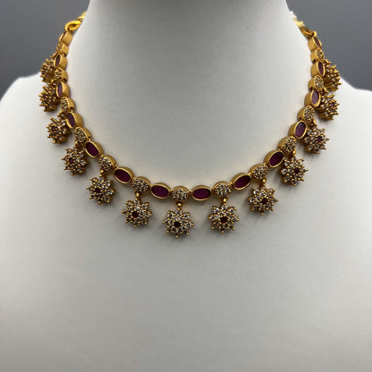 Fashion - Classy Floral Motifs, Ruby Pink & White Antique Traditional Necklace Set