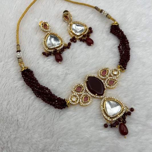 Fashion - Pretty Trendy Style Dark Red Color Kundan Necklace Set With Gold Tone Plating