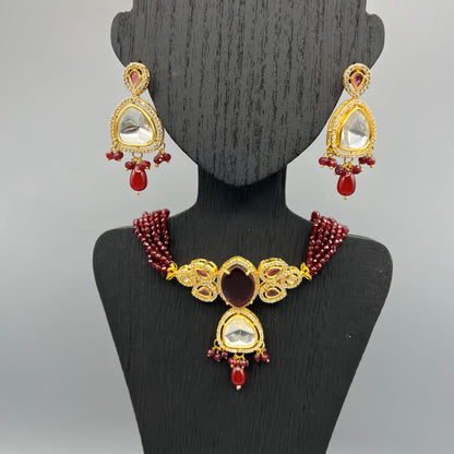 Fashion - Pretty Dark Red Kundan, Bead Mix Choker Necklace Set