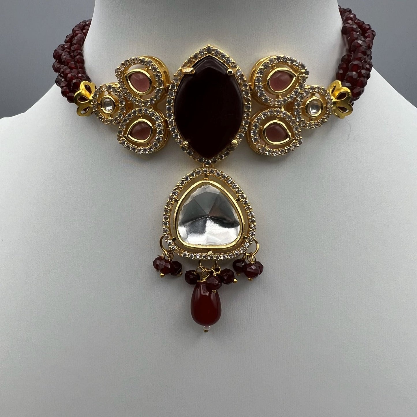 Fashion - Pretty Dark Red Kundan, Bead Mix Choker Necklace Set