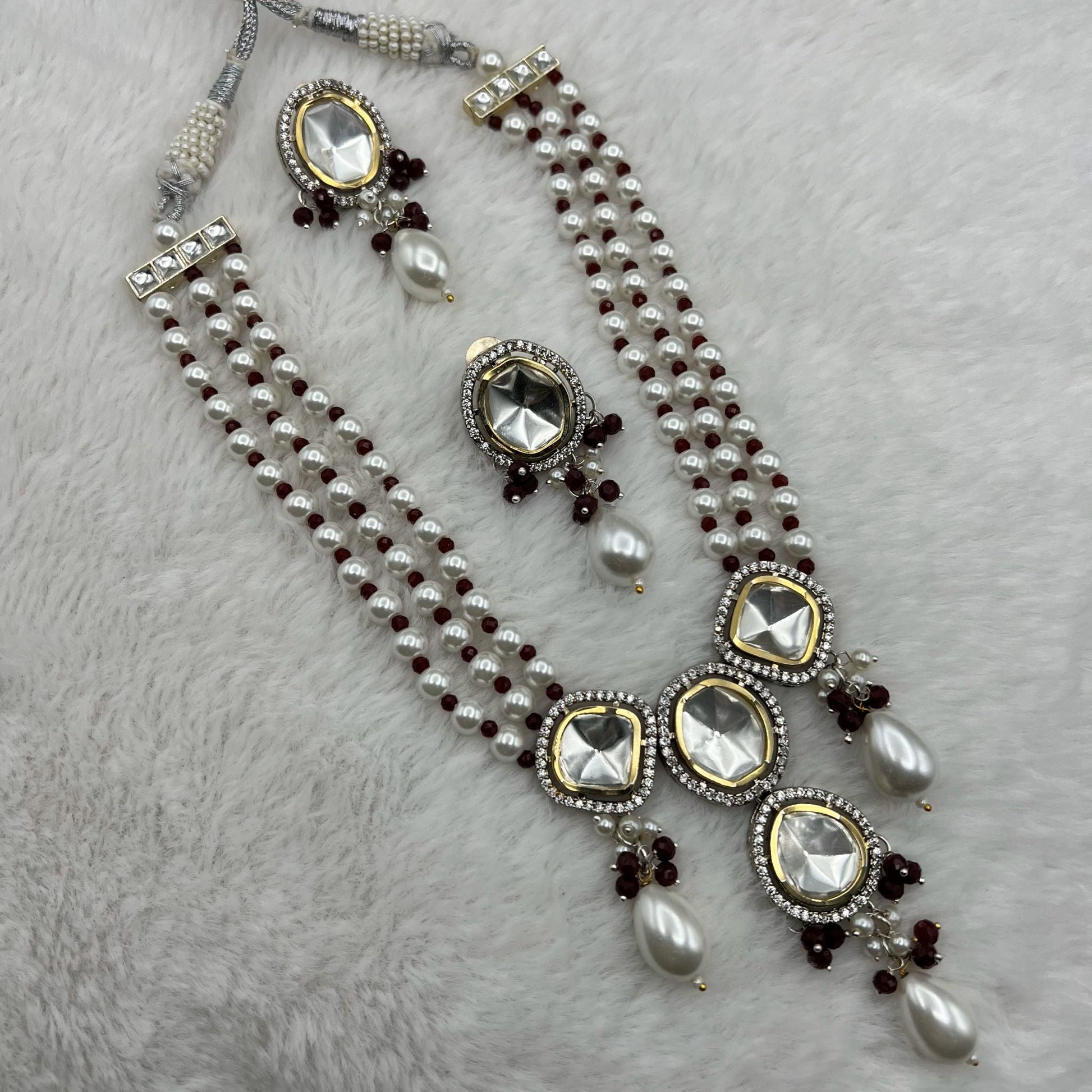 Fashion - Festive Style Dark Red, White Color Kundan Necklace Set With Dual Tone Plating