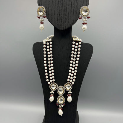 Fashion - One-Of-A-Kind Pearl, Dark Red & White Kundan, Bead Mix Necklace Set