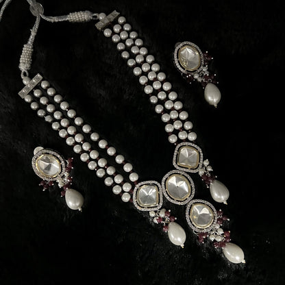 Fashion - One-Of-A-Kind Pearl, Dark Red & White Kundan, Bead Mix Necklace Set