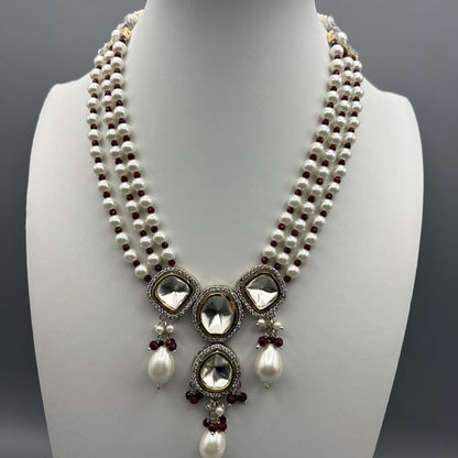 Fashion - One-Of-A-Kind Pearl, Dark Red & White Kundan, Bead Mix Necklace Set