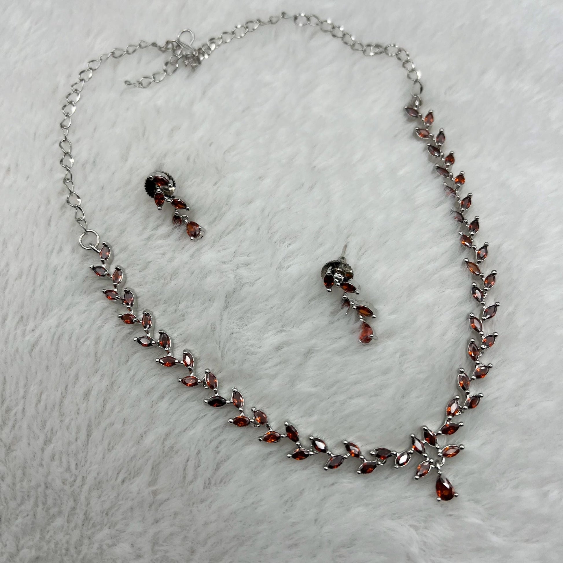 Fashion - Dainty Style Dark Orange Color AD/CZ Necklace Set With Silver Tone Plating