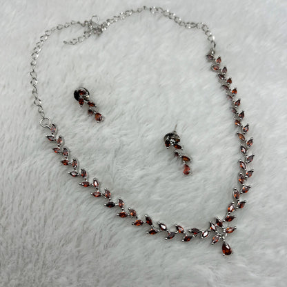 Fashion - Dainty Style Dark Orange Color AD/CZ Necklace Set With Silver Tone Plating