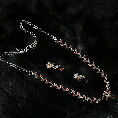 Fashion - Dainty Dark Orange AD/CZ Stone Necklace Set