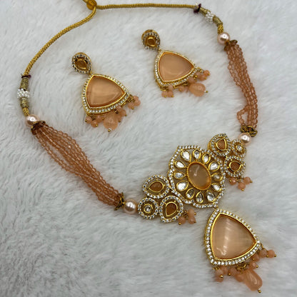 Fashion - Trendy Style Peach Color Kundan Necklace Set With Gold Tone Plating