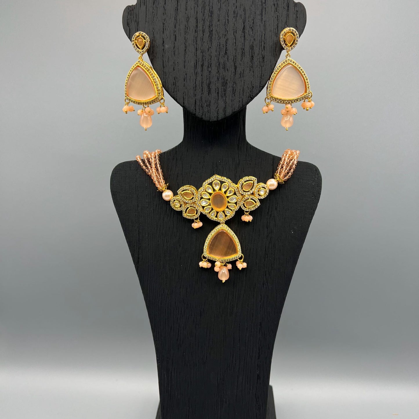 Fashion - Trendy Peach Kundan, Bead Mix Choker Necklace Set