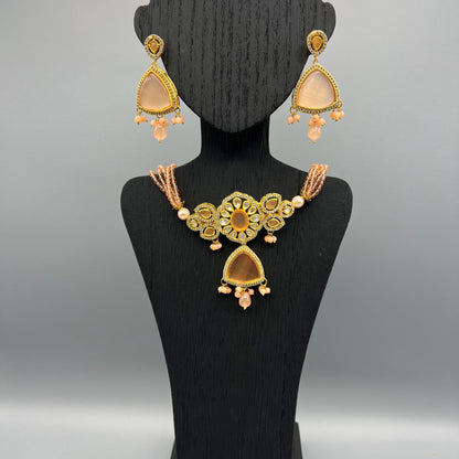 Fashion - Trendy Peach Kundan, Bead Mix Choker Necklace Set