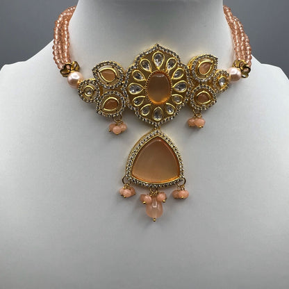 Fashion - Trendy Peach Kundan, Bead Mix Choker Necklace Set