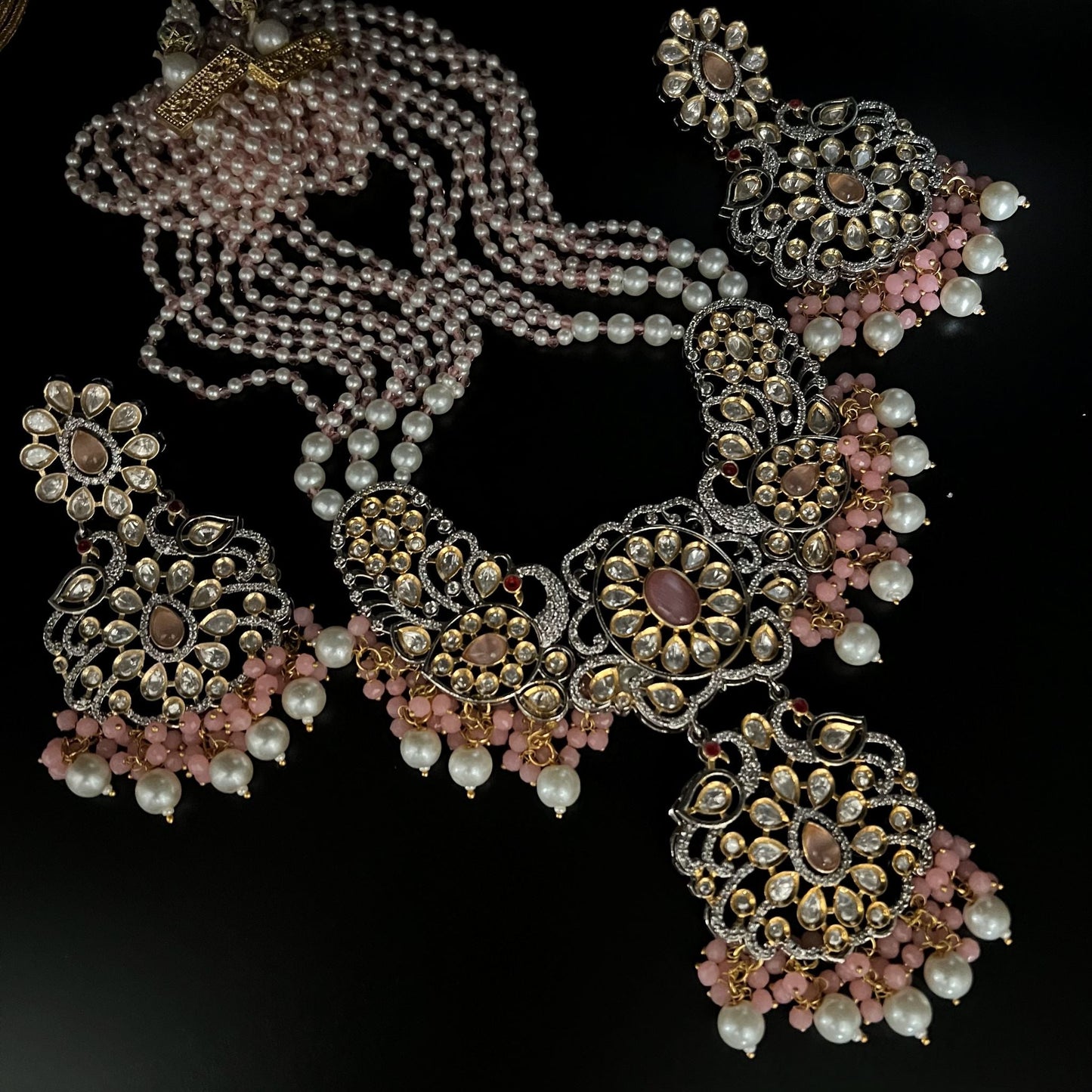 Fashion - One Of A Kind Peacock Design Designer Festive Style Pink Color Kundan Necklace Set With Dual Tone Plating