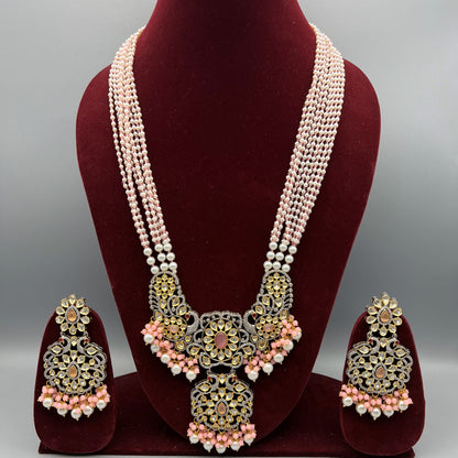 Fashion - One-Of-A-Kind Peacock Design Pearl, Pink Kundan Polki, Bead Mix Long Necklace Set