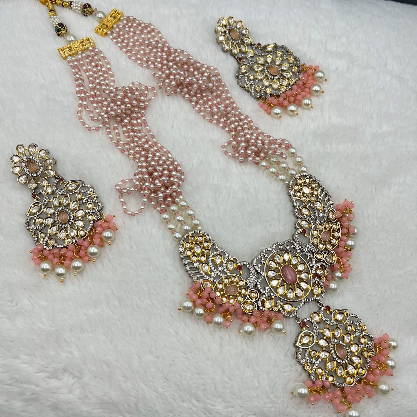 Fashion - One-Of-A-Kind Peacock Design Pearl, Pink Kundan Polki, Bead Mix Long Necklace Set