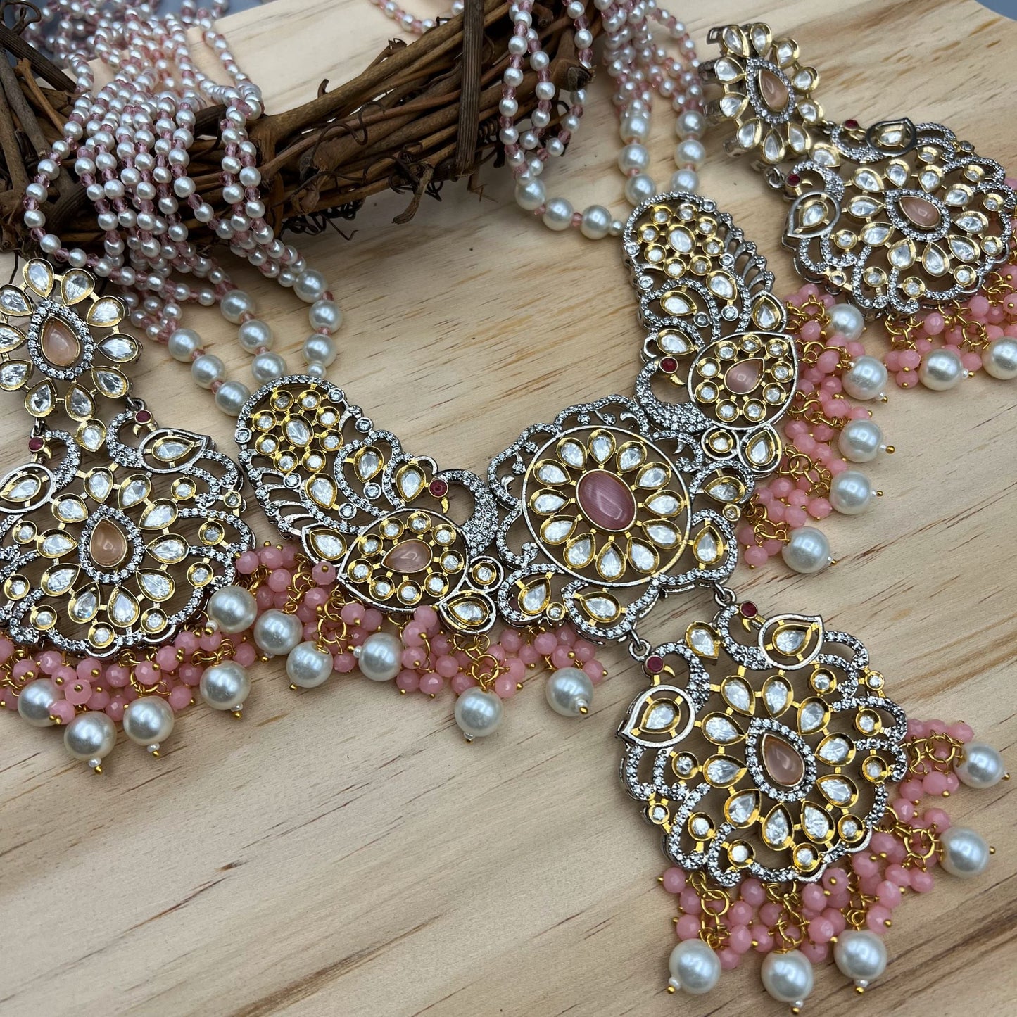 Fashion - One-Of-A-Kind Peacock Design Pearl, Pink Kundan Polki, Bead Mix Long Necklace Set