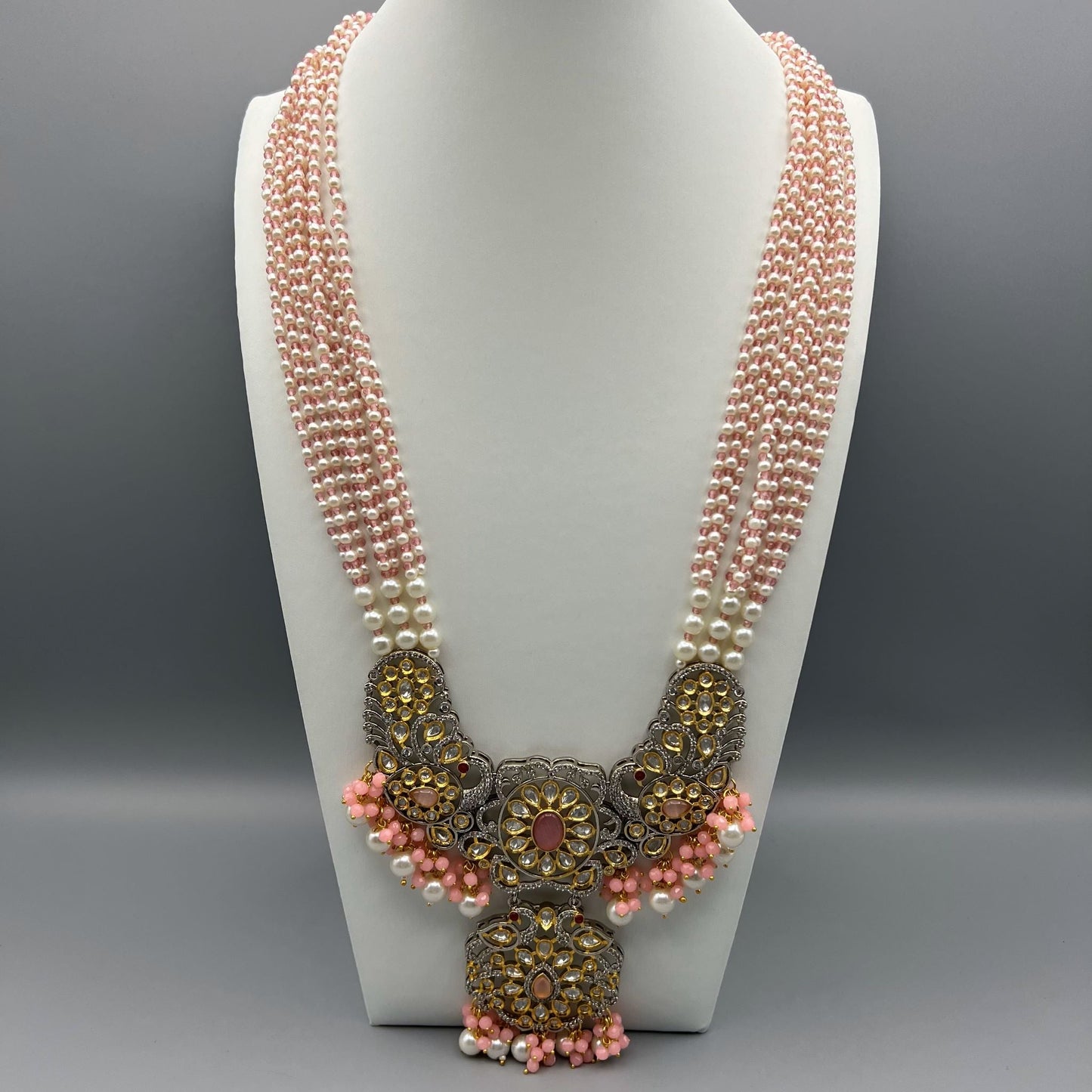 Fashion - One-Of-A-Kind Peacock Design Pearl, Pink Kundan Polki, Bead Mix Long Necklace Set