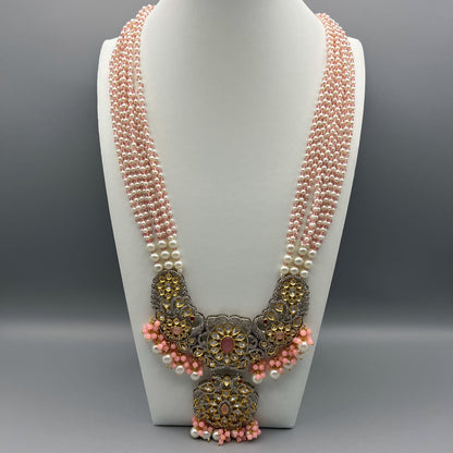 Fashion - One-Of-A-Kind Peacock Design Pearl, Pink Kundan Polki, Bead Mix Long Necklace Set