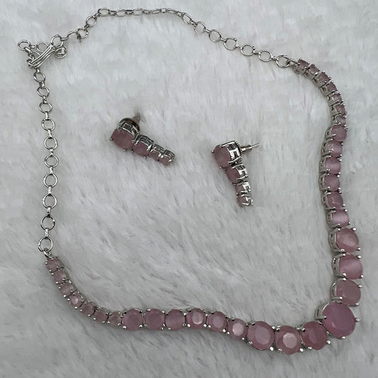 Fashion - Dainty Style Pink Color AD/CZ Stone Necklace Set With Silver Tone Plating