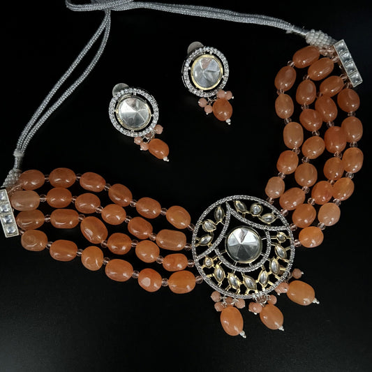 Fashion - Trendy Style Orange Color Kundan, Bead Mix Necklace Set With Dual Tone Plating