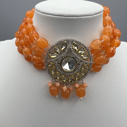 Fashion - Elegant Orange Kundan, Bead Mix Choker Necklace Set