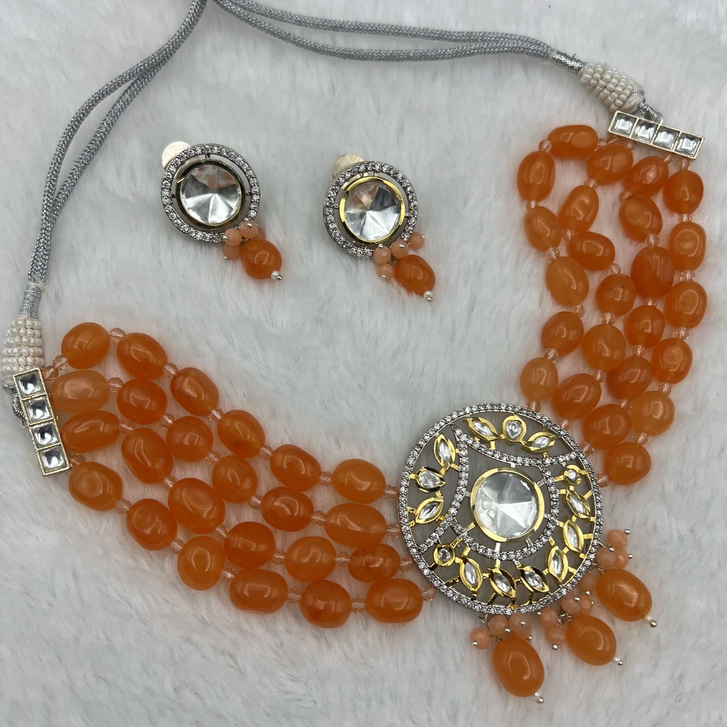 Fashion - Elegant Orange Kundan, Bead Mix Choker Necklace Set