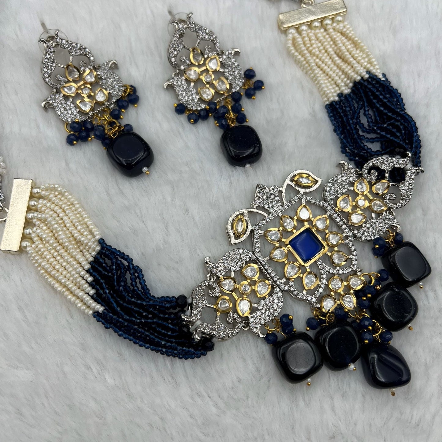 Fashion - Festive Style Navy Blue Color Kundan, Bead Mix Necklace Set With Dual Tone Plating