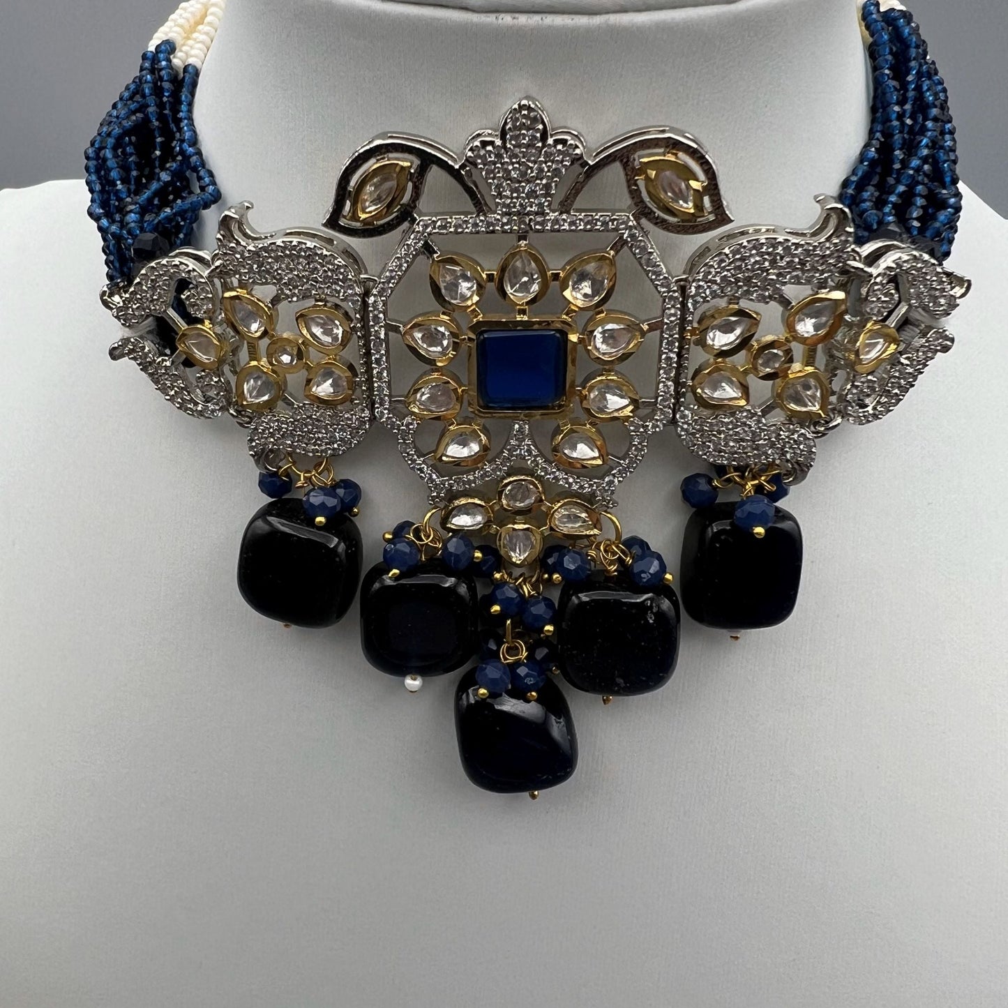 Fashion - Festive Navy Blue Kundan Polki, Bead Mix Choker Necklace Set