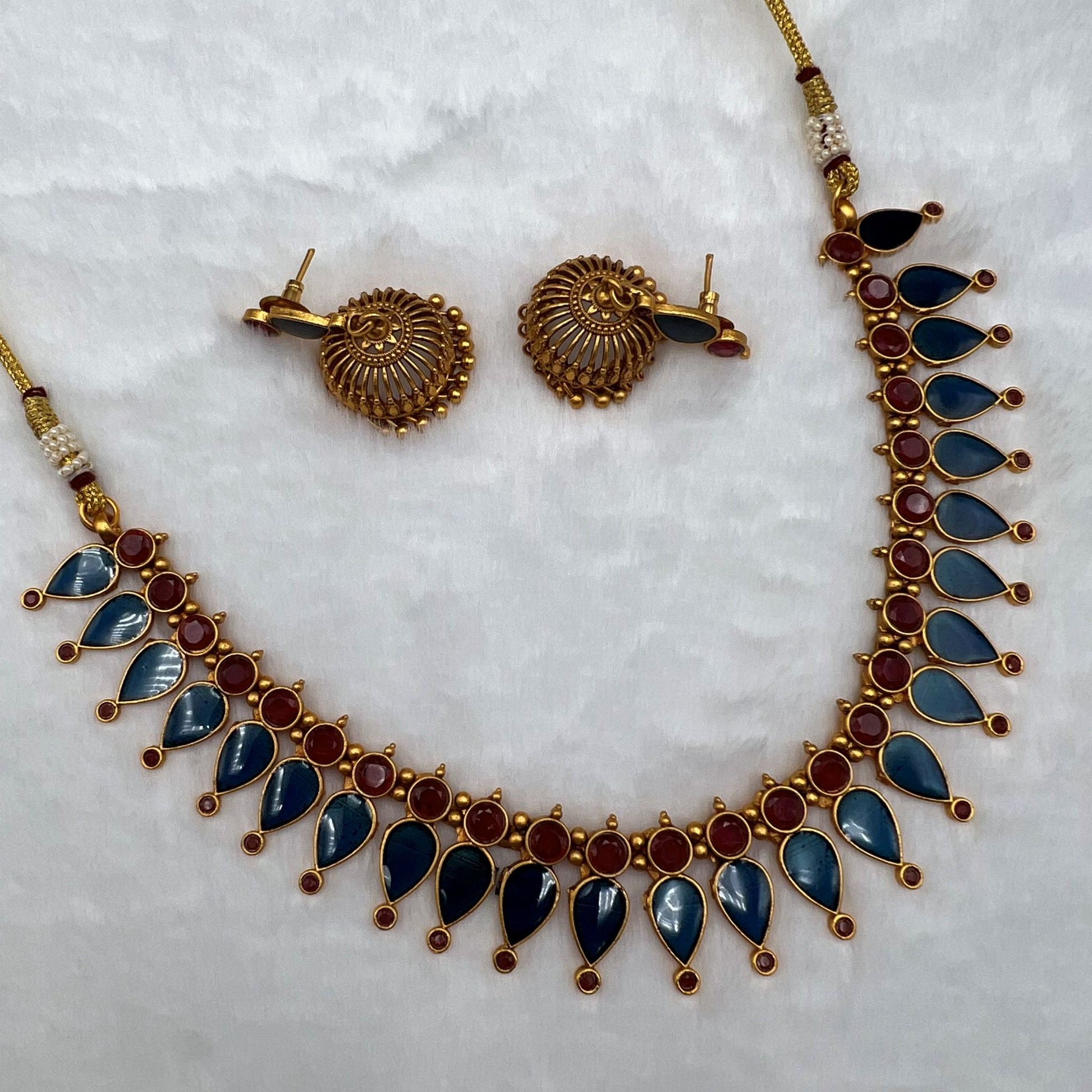 Fashion - Unique Classic Style Blue, Red Color Antique Traditional Necklace Set With Matte Gold Tone Plating