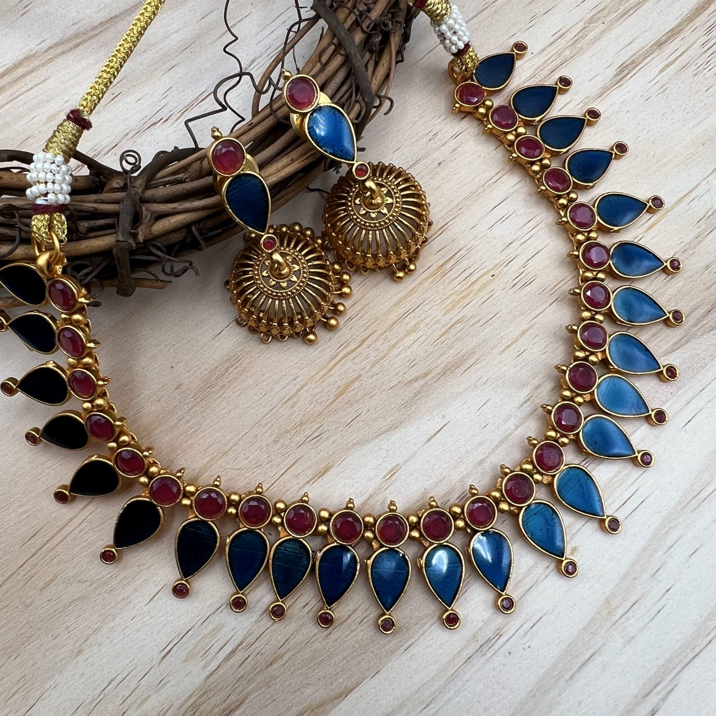 Fashion - Unique Enamel Work Kerala Style Blue, Red Antique Traditional Necklace Set