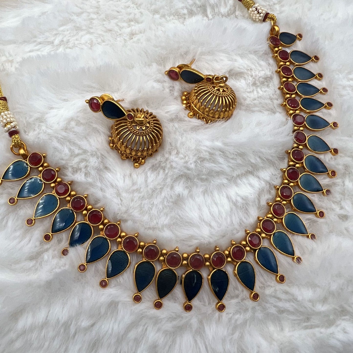 Fashion - Unique Enamel Work Kerala Style Blue, Red Antique Traditional Necklace Set