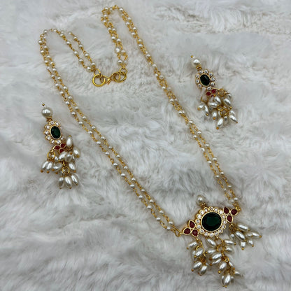 Fashion - Traditional Design Pearl, Green & Red Antique Traditional, Bead Mix Necklace Set