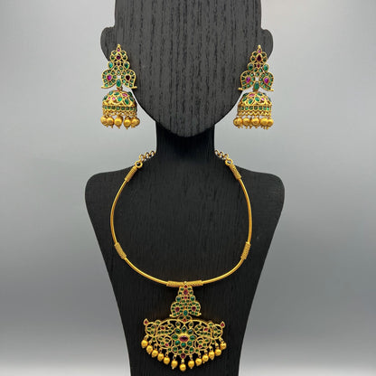 Fashion - Cuff/Hasli Peacock Design Green, Ruby Pink Antique Traditional Necklace Set