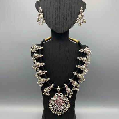 Fashion - Silver Replica Elegant Peacock Design Ruby Pink Oxidized Thread Necklace Set