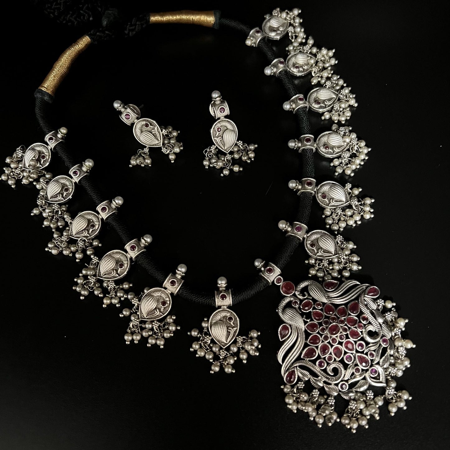 Fashion - Silver Replica Elegant Peacock Design Ruby Pink Oxidized Thread Necklace Set