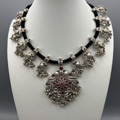 Fashion - Silver Replica Elegant Peacock Design Ruby Pink Oxidized Thread Necklace Set