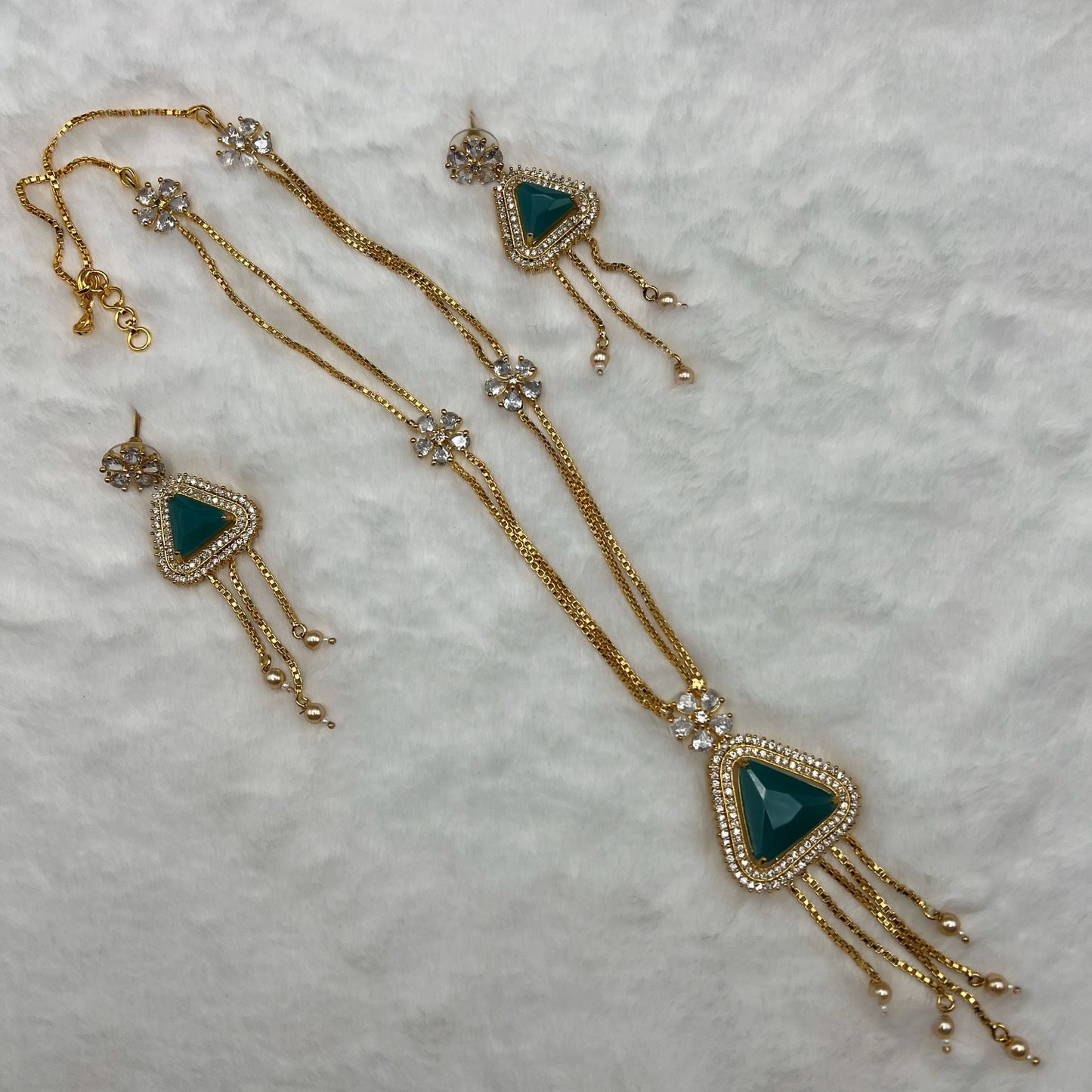 Fashion - Pretty Trendy Style Turquoise Blue Color AD/CZ Necklace Set With Gold Tone Plating