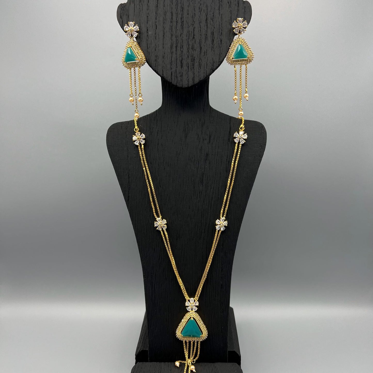 Fashion - Pretty Trendy Style Turquoise Blue AD/CZ Stone Long Necklace Set