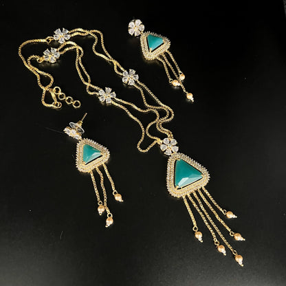 Fashion - Pretty Trendy Style Turquoise Blue AD/CZ Stone Long Necklace Set