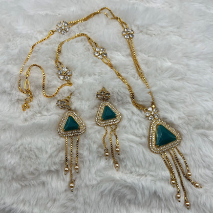 Fashion - Pretty Trendy Style Turquoise Blue AD/CZ Stone Long Necklace Set