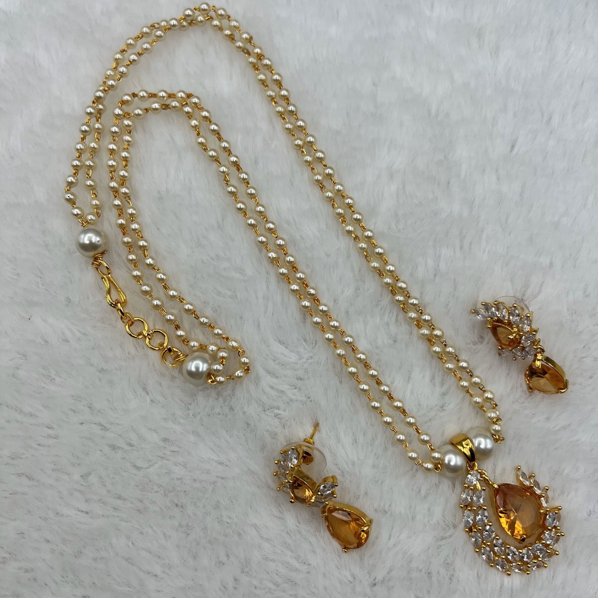 Fashion - Dainty Style Golden Yellow Color AD/CZ Stone Necklace Set With Gold Tone Plating