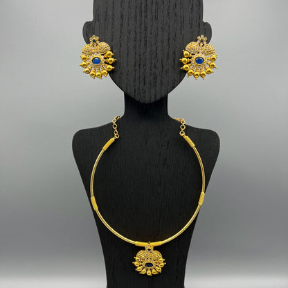 Fashion - Cuff/Hasli Style Navy Blue Antique Traditional Necklace Set