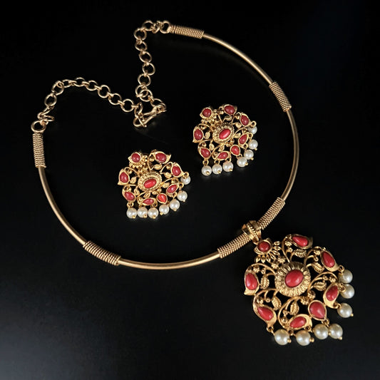 Fashion - Classic Style Coral Red Antique Traditional Necklace Set