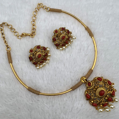 Fashion - Classic Style Coral Red Antique Traditional Necklace Set