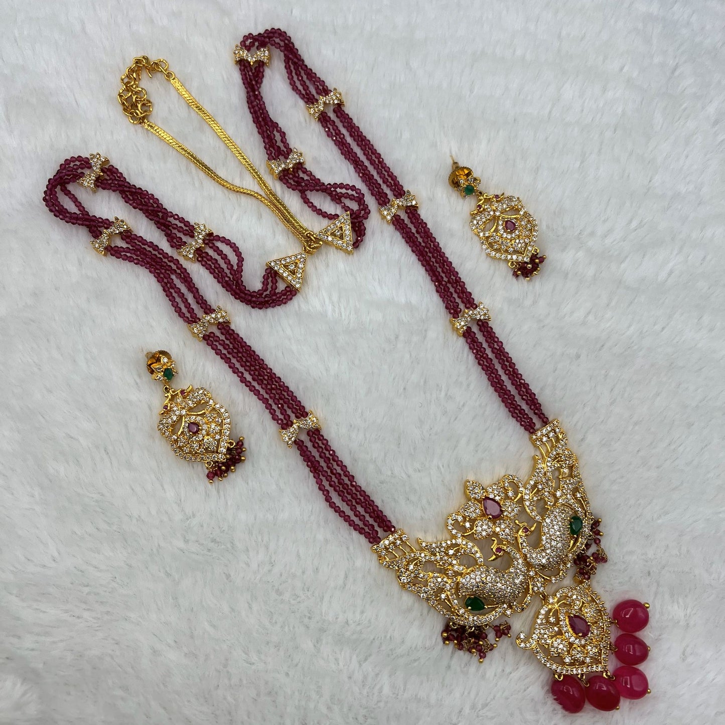 Fashion - One Of A Kind Peacock Design Designer Ruby Pink Antique Traditional, Bead Mix Long Necklace Set