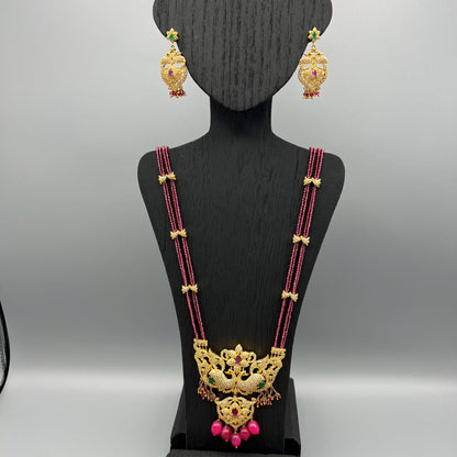 Fashion - One Of A Kind Peacock Design Designer Ruby Pink Antique Traditional, Bead Mix Long Necklace Set