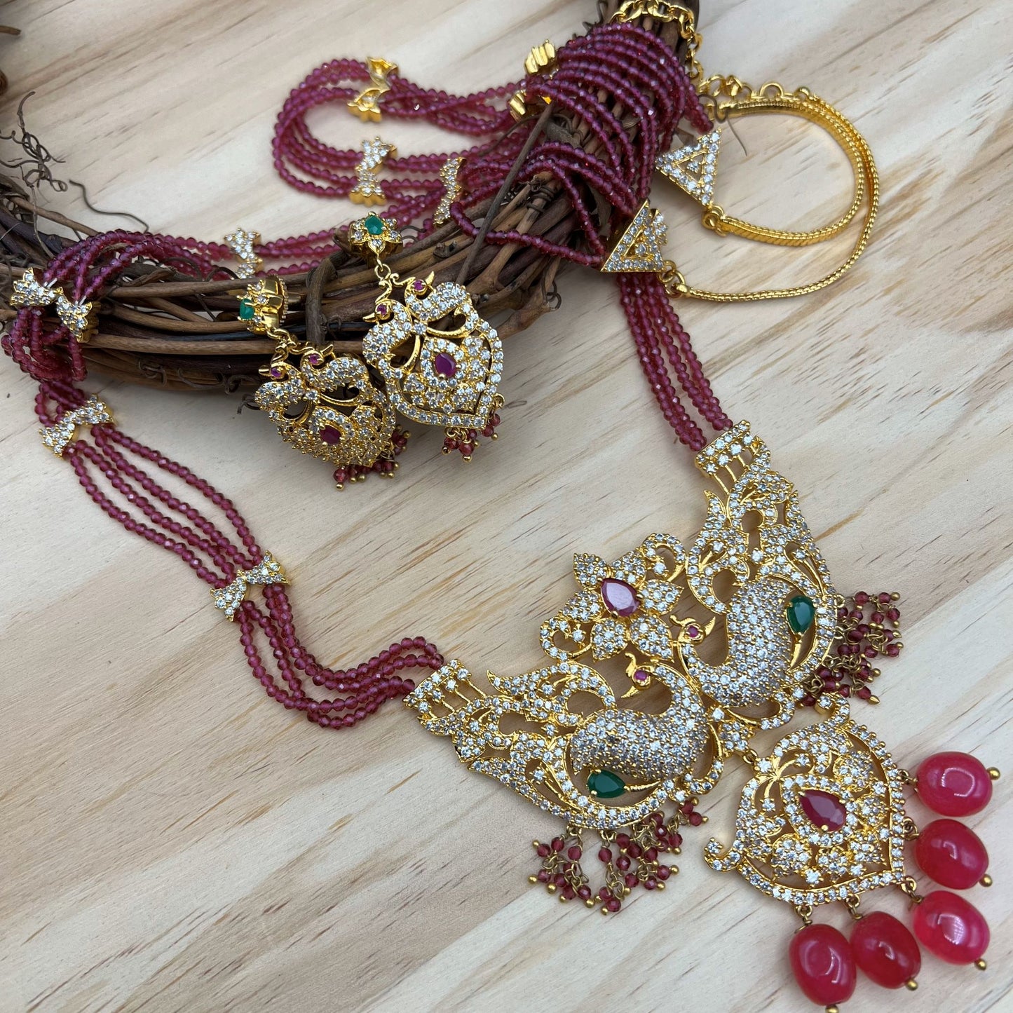 Fashion - One Of A Kind Peacock Design Designer Ruby Pink Antique Traditional, Bead Mix Long Necklace Set