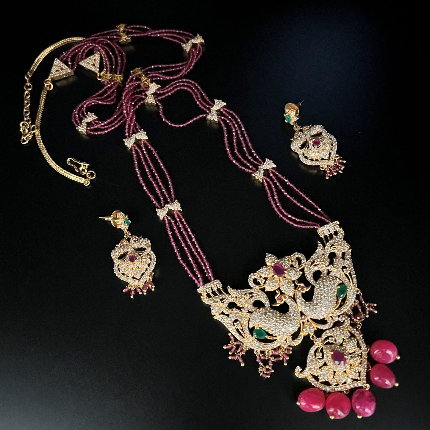 Fashion - One Of A Kind Peacock Design Designer Ruby Pink Antique Traditional, Bead Mix Long Necklace Set