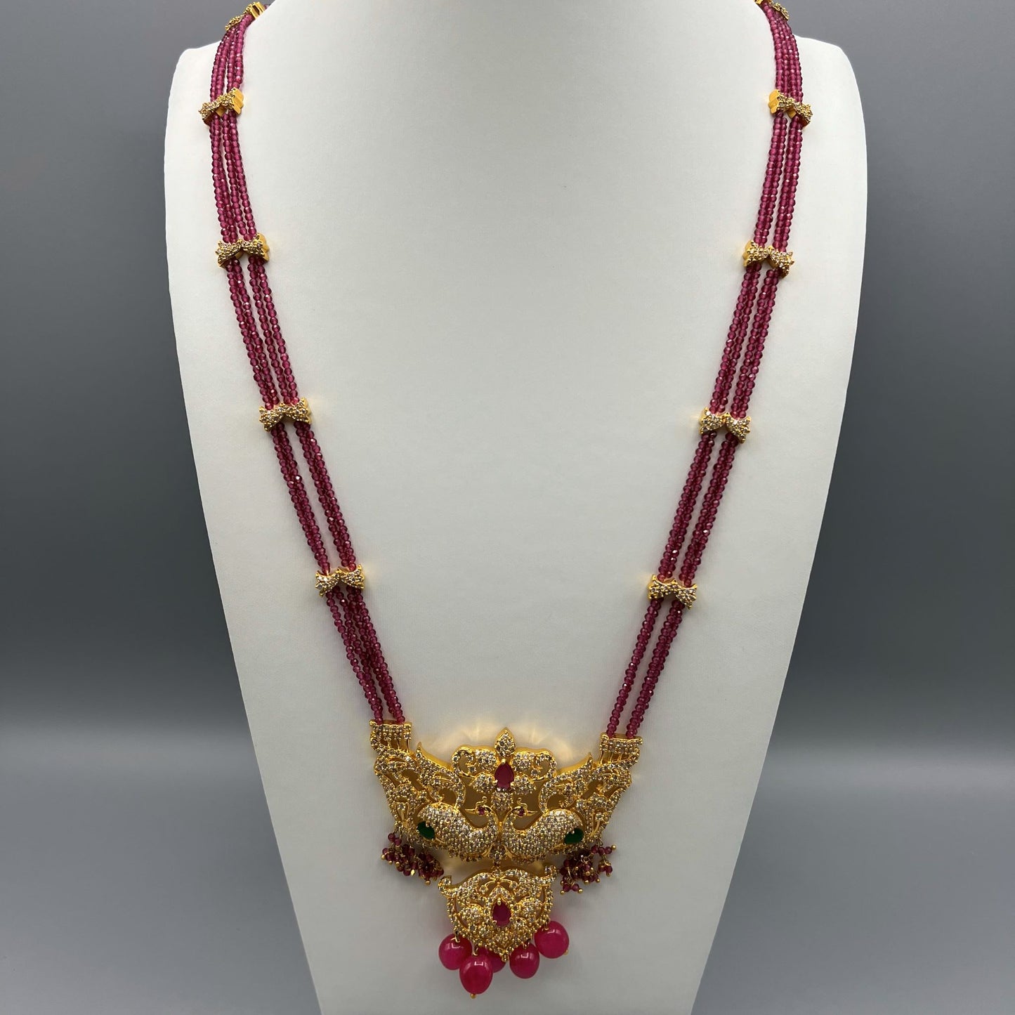 Fashion - One Of A Kind Peacock Design Designer Ruby Pink Antique Traditional, Bead Mix Long Necklace Set