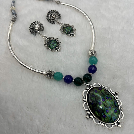 Fashion - Trendy Style Green Color Oxidized Necklace Set With Oxidized Silver Tone Plating