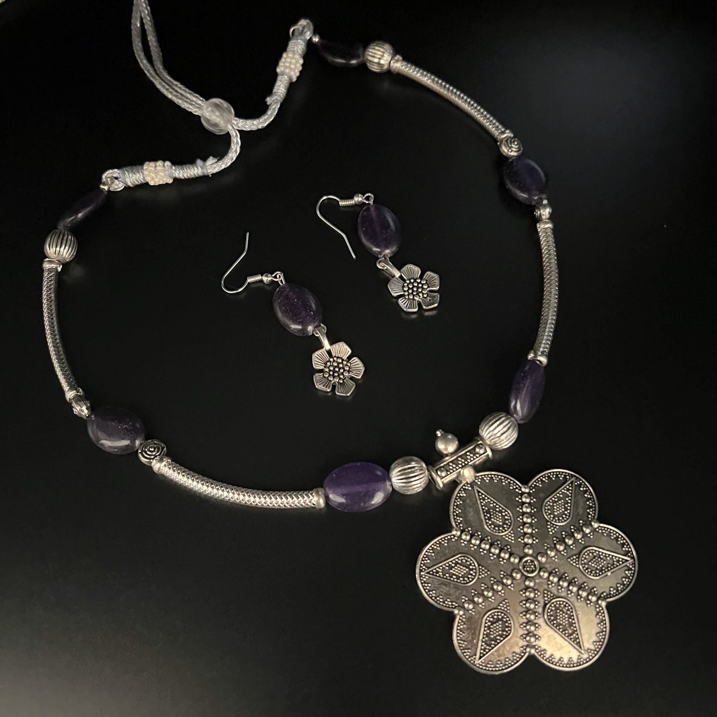 Fashion - Cuff/Hasli Style Purple Oxidized Necklace Set